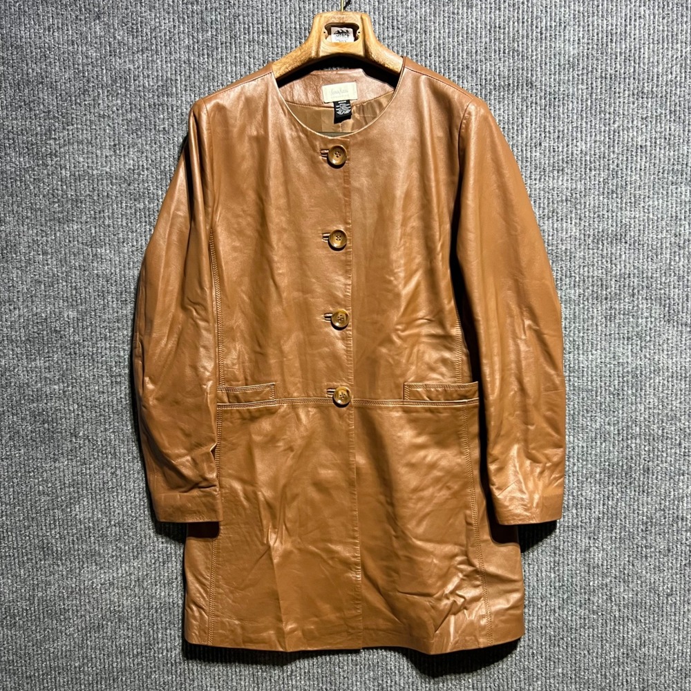 Neiman Marcus Leather Jacket Womens Medium Brown Over Coat Collarless Button